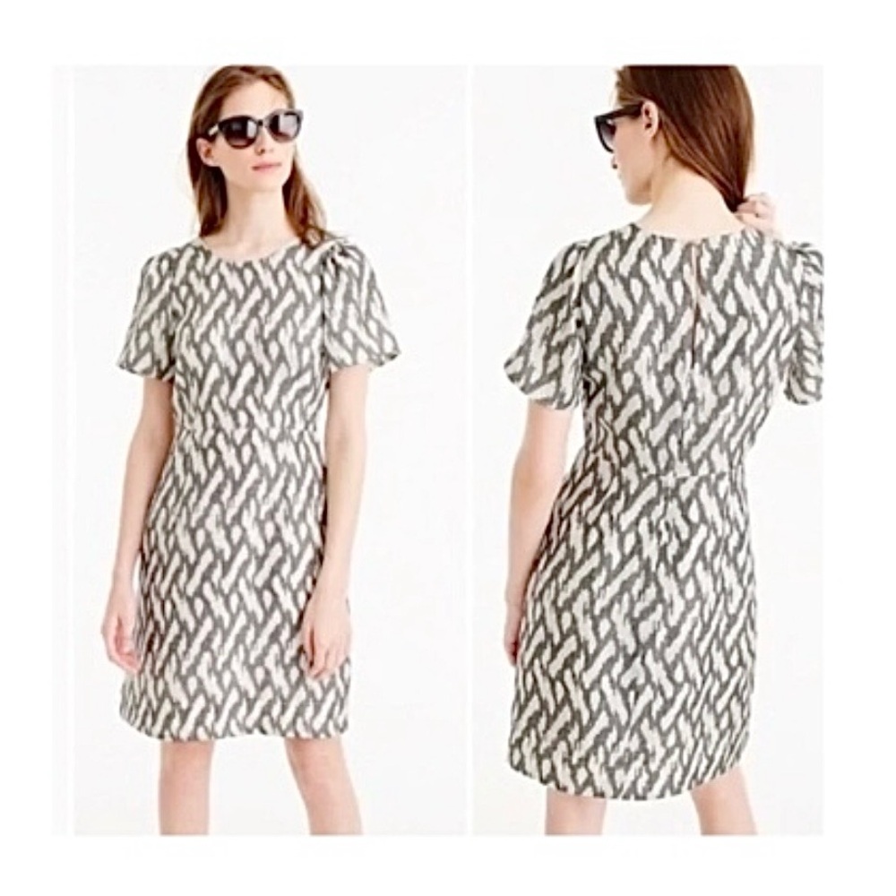 J Crew 100% Silk Ikat Ivory Black Dress With Flutter Sleeves Size 10P